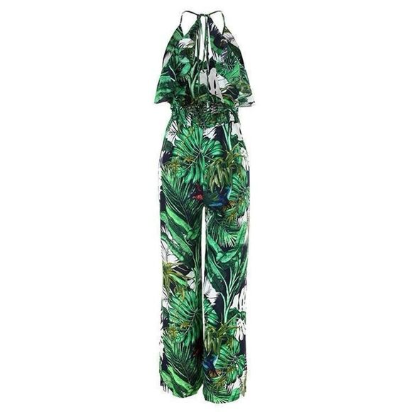FashionNova Boho Green Ruffle Leaf Print Sexy jumpsuit | size M | NWT - Picture 1 of 9
